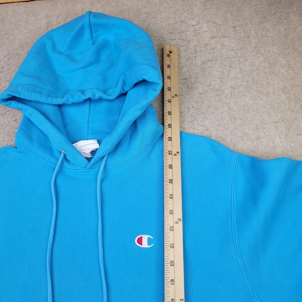 Champion Reverse Weave Hoodie Mens L Blue Pullover Sweatshirt Sleeve Logo - Picture 9 of 10